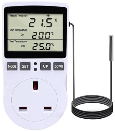 POFET Digital Display Thermostat 230V Thermostat Socket Countdown Switch Socket 13A Timer Switch With Sensor Suitable For Reptile Greenhouse Household Fermentation