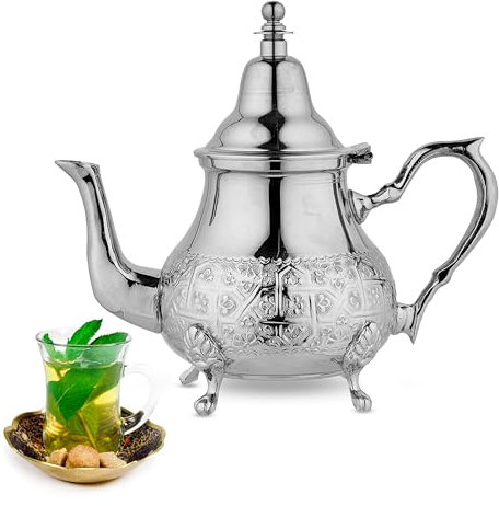 SULTAN TEA Moroccan Metal Teapot, Handmade Silver, 300ml, Chrome-Plated Brass, Traditional Engraved, Induction Compatible