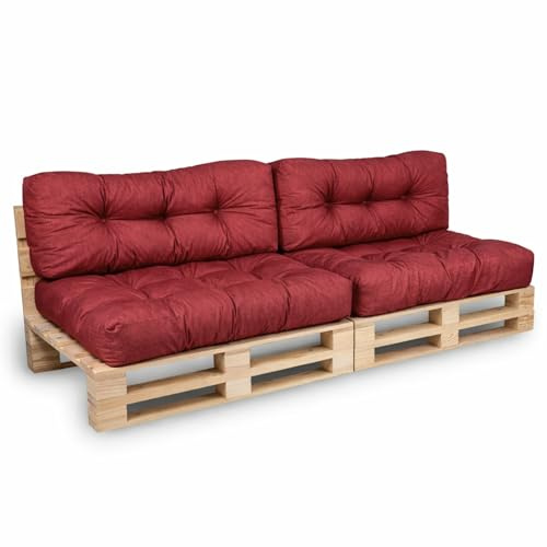 bananair - Palettenkissen Outdoor Set x2 - Bequem, Robuster, UV-beständiger & Wasserabweisender - Ideal für Europaletten, Palettenmöbel (2 Sitzkissen 120x80 + 2 Rückenkissen 120x40, Rot)
