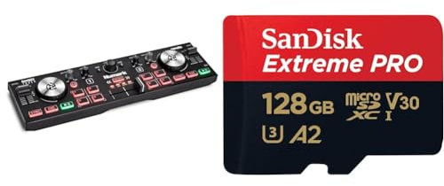 Numark DJ2GO2 Touch – Compact 2 Deck USB DJ Controller with Mixer/Crossfader & SanDisk 128GB Extreme PRO microSDXC card + SD adapter + RescuePro Deluxe, up to 200 MB/s