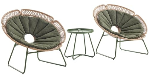 Shally Dogan Set 3 Pezzi Arredo da Giardino in Polyrattan con 2 Poltrone a Uovo e 1 Tavolino in Ferro, Salotto Arredamento da Esterno, Ristorante, Bistrot, Bar, Patio, Balcone, Cuscini Alta Densità