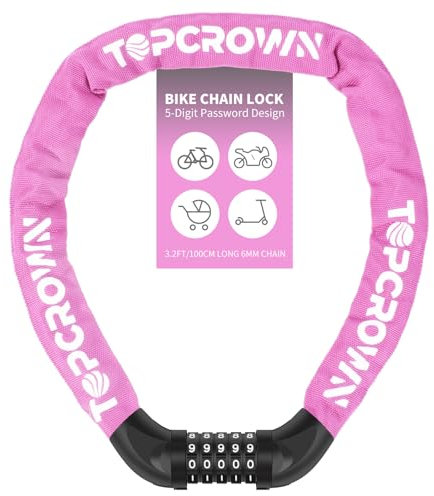 Topcrown Bike Chain Lock 3.2Ft Long High Security Heavy Duty Anti Theft, 5 Digit Combination Resettable Keyless Bicycle Lock for Bike/Electric Scooter/Ebike/Motorcycle(Pink)