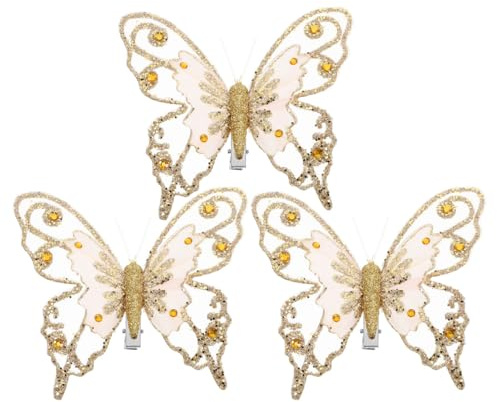 Cabilock 3Piezas Decoración de Mariposas Glitter para Árbol de Navidad y Manualidades de Boda Adornos Realistas para Composiciones y Decoración Festiva