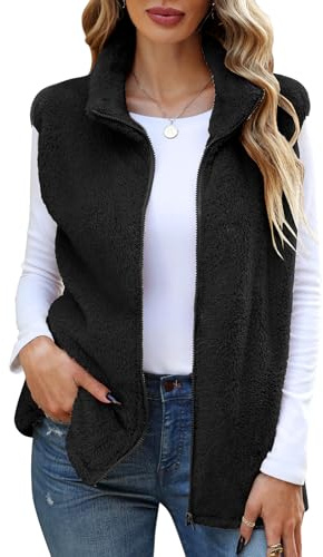 CMTOP Gilet Donna in Pile Caldo Peluche Smanicato Elegante Senza Maniche Giacca Gilet con Collo Alto Leggero Morbido Gilet Autunno Inverno Gilet con Cerniera e Tasche(Nero, XL)