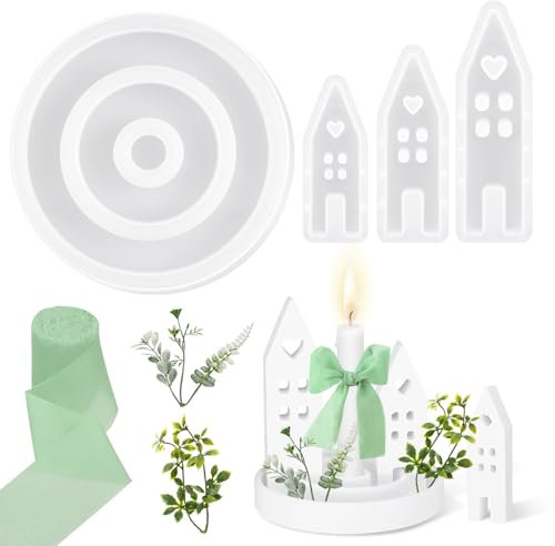 GTNCE 4 Stück Silikonformen Gießformen Häuser mit Fenster, Silikonform Kerzenhalter Set mit 2 Simulierten Greenery, Silikonform Häuser, Gießformen Silikon für Kerzenherstellung und Dekoration