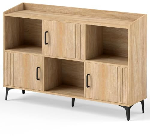 TANGZON Buffet Sideboard, Storage Cabinet with 3 Doors, 3 Open Compartments, 5 Metal Legs & Raised Edges, Wooden Kitchen Cupboard Organiser for Dining Living Room Hallway, 120 x 30 x 81cm