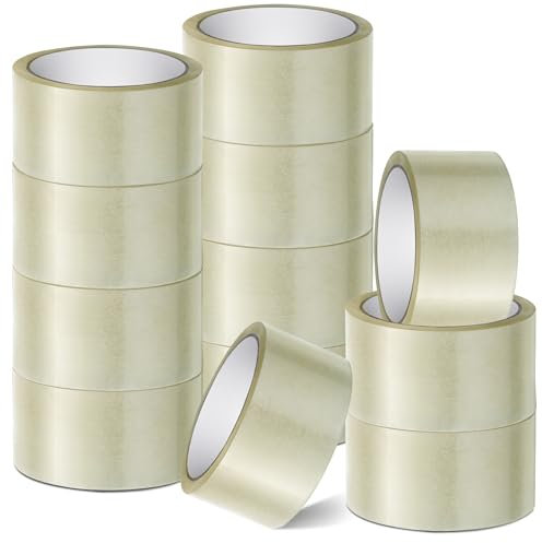 K-MART Stick Well Lot de 12 rouleaux de ruban adhésif pour emballage, 48 mm x 66 m, silencieux, solide, transparent, pour emballages en carton, déménagement, idéal pour distributeur de ruban adhésif