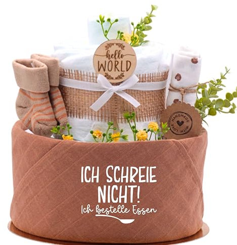 Trend Mama® | Windeltorte Boho Style | Spruch wählbar | 27 Windeln (Gr.2), Musselintuch, Socken & Waschhandschuh |Geschenk Geburt (Design| Ich schreie nicht, ich bestelle Essen)