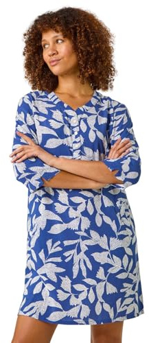 Roman Leaf Print Cocoon Stretch Dress for Women UK - Ladies Autumn Everyday Winter Holiday Notch Neckline Comfy Long Sleeve Soft Midi Length Frock Desk to Dinner Gowns - Navy - Size 20