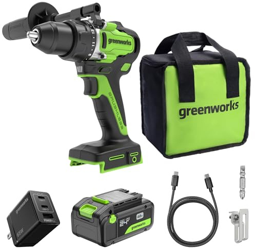 Greenworks 24 V DD590A1 Cordless Hammer Drill Set 880 in lbs 90 Nm (Li-Ion, Including 4 Ah USB Batteries, 60 W Charger, 100 W Cable & Bag S)