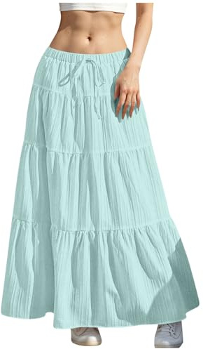 KUIH Skirts for Women UK Casual Loose A Line Tiered Skirt Lightweight Plain Flowy Vacation Beach Skirt Ladies Elasticated Waist Elegant Ladies Maxi Skirts Summer Dresses