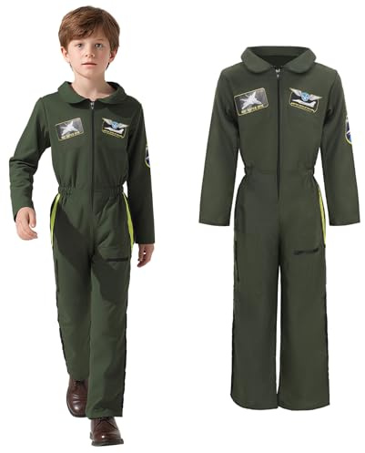 JoyFuncos Fighter Pilot Costume Kids Aviator Jumpsuit Flight Suit Halloween Outfit 1940s Fancy Dress for Boys Girls Party Cosplay