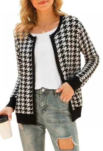 YUNDAI Womens Cardigans Cozy Long Sleeve Open Front Knitted Cardigan Button Rround Neck Ladies Sweater Lightweight Floral Printed Jumperss, Large Houndstooth