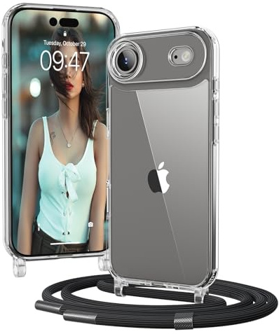 OLEPHY Transparente Funda con Correa para iPhone Air 6,5, Negro | Case con Cuerda para hombro y cordón [Ajustable y Extraíble],