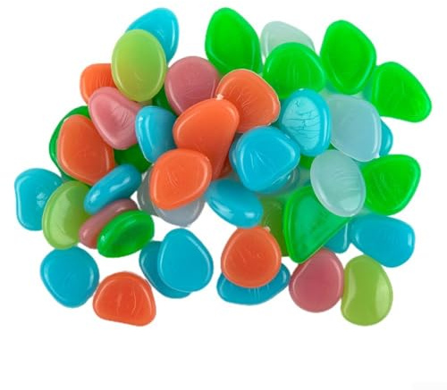 Lot de 50 galets phosphorescents pour éclairage d'allée de jardin et d'aquarium, pierres en résine photoluminescentes pour cour, terrasse, parterres de fleurs et bordures de piscine (mélange)