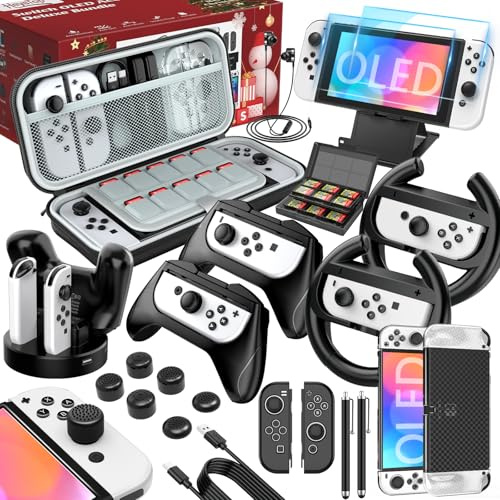 HEYSTOP Accesorios Étui pour Nintendo Switch OLED, 27 en 1 Pochette Transport Kit Inclure Protection Coque pour Switch OLED,Protecteur D'écran HD,Housse Joycon,Volante Grip,Playstand,Thumb Grip- Noir