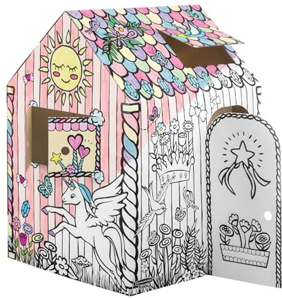BANKERS BOX Unicorn XXL Spielhaus aus Pappe für Kinder (81,3 x 81,3 x 121,3 cm) – Ausmalbares Papphaus zum Spielen – Puppenhaus & Einhorn-Motiv – FSC-zertifiziert & recycelbar – Für Kinder ab 3 Jahren