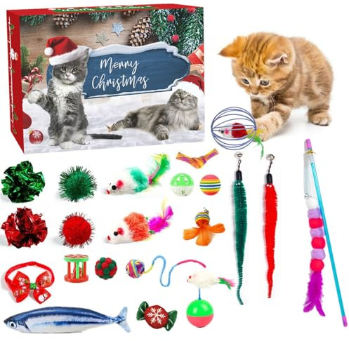 SMELEYOU Katzen-Adventskalender 2025, 24 Tage Weihnachts-Countdown-Kalender, Verschiedene interaktive Katzenspielzeuge für Kätzchen und Haustiere