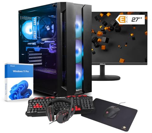 dcl24 Gaming PC Set komplett AMD Ryzen 5 7500F, RTX5060 8GB - 1000GB SSD, 32GB DDR5, Gamer PC mit 6x3.6 GHz, WLAN, 27 Monitor, Maus, Tastatur, Headset, Windows 11 Pro [20626]