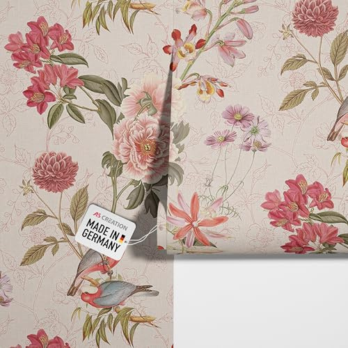 Livingwalls Papier peint intissé avec motif floral et oiseaux 0,53 x 10,05 m - Rose, vert - Papier peint design fabriqué en Allemagne - 397202