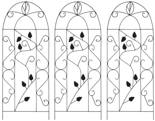 Kaloriko Enrejado de hierro negro 40 × 100 cm con parte superior curvada y decoración de hojas, 3 unidades, resistente a la intemperie, para jardín, balcón, terraza, como soporte para plantas y
