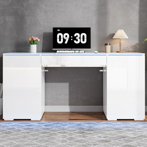 TIZZ Schreibtisch 140x50cm in Weiß-Hochglanz mit 1 Schublade und 2 Türen, moderner Computertisch mit extra großer Arbeitsfläche, Schminktisch mit Stauraum