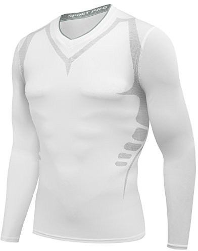 AMZSPORT Herren Kompressions-Shirt langärmlig Funktionsshirts Baselayer Langarm Weiß XL