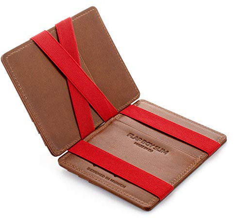 Jaimie Jacobs Flap Boy Slim ohne Münzfach Magic Wallet integrierter RFID Schutz Magischer Geldbeutel Echtleder (Dunkelbraun mit Rot)