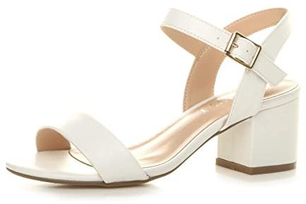 Ajvani Women Ladies Low Block Heel peep Toe Ankle Strap Strappy Party Sandals - White Matt - 4 UK
