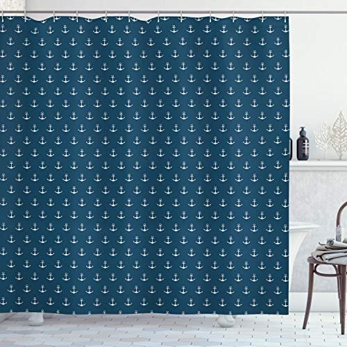 ABAKUHAUS Anker Duschvorhang, Nautical Simple Classic, Stoffliches Gewebe Badezimmerdekorationsset mit Haken, 175 x 180 cm, Blau Weiss