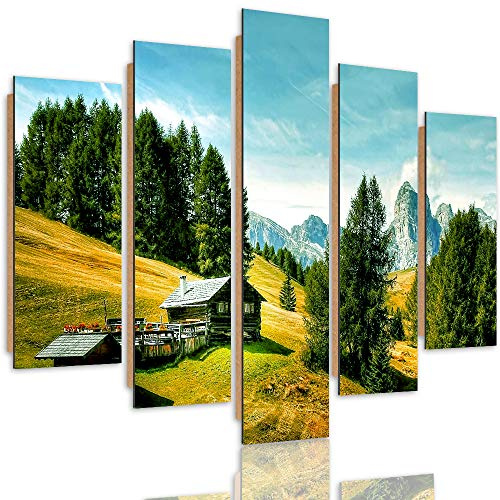 Feeby Wandbild Berge 200x100 cm Deco Panel 5 Teilig XXL Kunstdruck Hütte Bäume grün