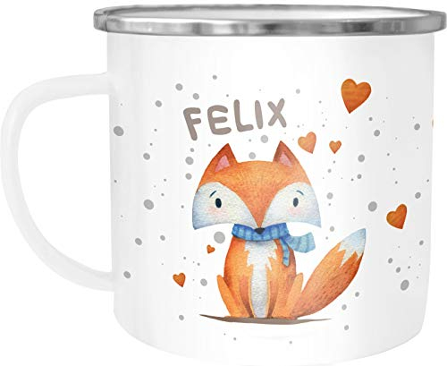 SpecialMe® Emaille-Tasse mit Namen Namenstasse mit Fuchs für Kinder Mädchen Jungen weiß-metall unisize