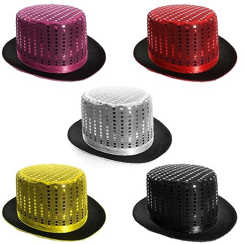 Lot de 3 chapeaux haut de forme à paillettes rouges pour enfants – Satin rose et noir avec paillettes roses sur le dessus – Parfait pour les spectacles magiques, les productions sur scène et autres
