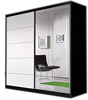 MOEBLO Kleiderschrank Schwebetürenschrank mit Spiegel 2-türig Schrank mit Einlegeböden und Kleiderstange Gaderobe Schiebtüren TESS BIS 03 (Schwarz + Weiß)
