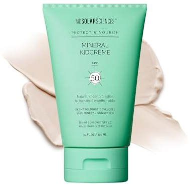 MDSolarSciences Mineral KidCrème SPF 50 Sunscreen - Gentle and Unscented Formula Applies Quickly & Protects Skin with Zinc Oxide - Water-Resistant - 3.4 Fl Oz / 100 ml