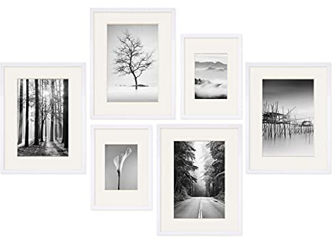 PHOTOLINI weiße Bilderrahmen Set verschiedene Größen, 6 MDF Holz Bilderrahmen mit Passepartout, Bilder Rahmen mit Acrylglas, No.4 Bilderrahmenset zum Aufhängen, Fotowand Fotorahmen Set & Zubehör