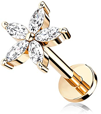 beyoutifulthings 1 Knorpel Ohr-Stecker Zirkonia Blume 6 mm Länge Roségold Clear Cartilage Labret Piercing-s Tragus Edelstahl Schraub-Verschluss