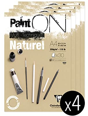 Clairefontaine 96540C - Packung mit 4 Blöcken Paint´ON Naturel, DIN A4, kopfseitig geleimt, 30 Blatt, 250g, Sand, 4 Stück