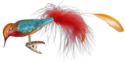 Christbaumschmuck Vogel mit Federn auf Clip 9cm mundgeblasenes Glas handbemalt - Glasfigur Paradiesvogel auf Klammer Rot Gelb - Weihnachtskugeln in Tierform - Deko Vögel & Weihnachtsbaumschmuck