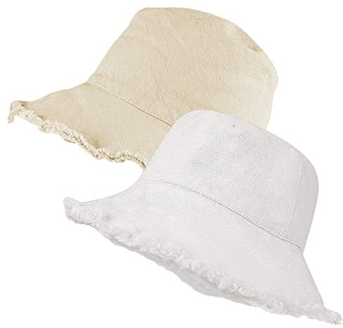 Hut mit ausgefranstem Rand, für Damen, Herren, Teenager, Mädchen, breiter Rand, Strandhut, Weiß + Creme-Beige, M/L