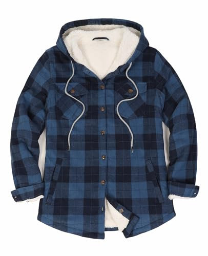 Damen-Flanelljacke mit Sherpa-Futter, kariert, mit Kapuze und Eingriffstaschen, Knopfleiste, blau/schwarz, S