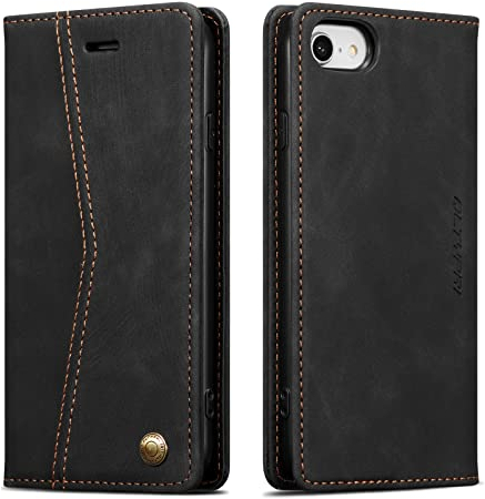 QLTYPRI Hülle für iPhone 7/8/SE 2020/SE 2022 5G, Vintage Dünne Handyhülle mit Kartenfach Slot Ständer PU Ledertasche Klapphülle TPU Bumper Flip Schutzhülle - Schwarze
