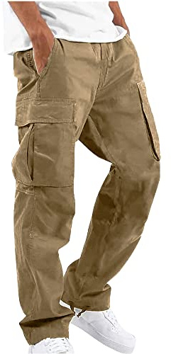YAOHUOLE Men's Cargo Pants Casual Cotton Stretchy Drawstring Waist Trousers | Mens Cotton Combat Trousers with Elasticated Drawstring Waist Multi Pockets and Adjustable Hem for Outdoor Wear