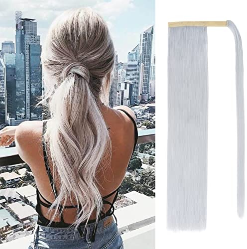 Silk-co Clip in Ponytail Extensions Pferdeschwanz Haarteil Glatt Zopf Haarverlängerung Wrap Around Pferdeschwanz Extensions Synthetik kunsthaar Ponytail Haarteil 70cm-140g # Silbergrau