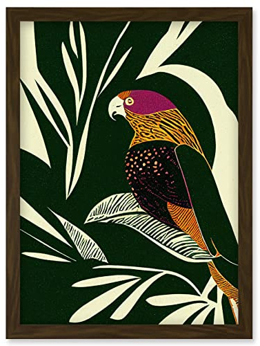 Wee Blue Coo Green Orange Pink Cream Modern Vintage Tropical Plant Leaves with Bird Artwork Framed Wall Art Print A4