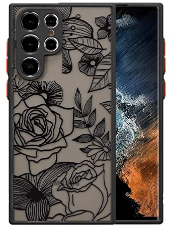 XIZYO Hülle für Samsung Galaxy S22 Ultra, Transparent Matt Rose Floral Blume Muster Stoßfeste Handyhülle, Weiche TPU Stoßstange Schutzhülle, Schwarz