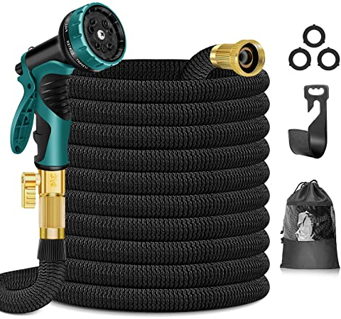 HOHAOO Garden Hose, 100FT Garden Hose Pipe with 10 Modes Spray Gun and Solid Brass Connectors, Flexible Hose Pipe, Expandable Garden Hose, Black 30m