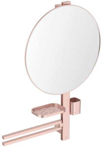 Ideal Standard - Alu+, Beauty Bar pour la Salle de Bain, Miroir Diamètre 50 cm, Tablettes de Rangement, Porte Serviettes, Rose brossé, BD587RO