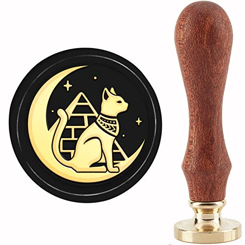 craspire Wachssiegelstempel „Katze Mond“, Ägypten-Pyramiden, Abnehmbare Messing-Siegelstempelköpfe, Ersatz, 30 mm, Mit Vintage-Holzgriff Für Umschläge, Briefe, Einladungen, Karten, DIY, Basteln