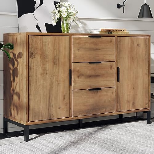 Merax Sideboard, Bedroom Chest of Drawers with 2 doors and 3 Drawers, Adjustable Shelf, Storage Cabinet for Living Room, Vintage Kitchen Cupboard, Dark Oak, 40 x 120 x 76